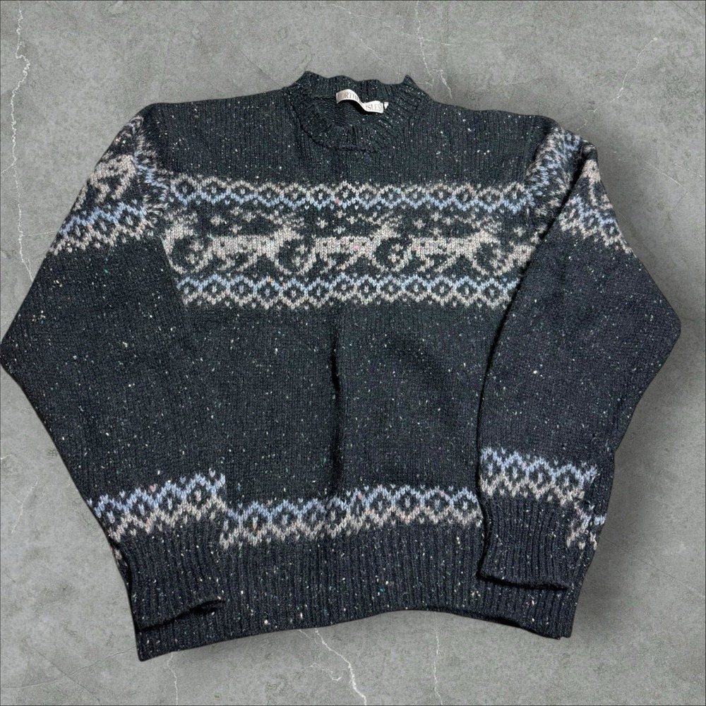 Vintage abstract knitted jumper Patterned Grandad‎ knit sweater Unisex Xl Wool